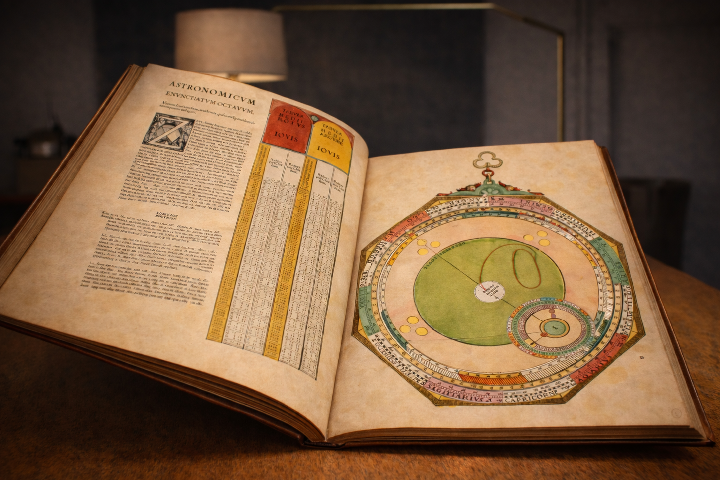 Open pages of the Astronomicum Caesareum XXL facsimile showing a Renaissance astronomical diagram by Peter Apian