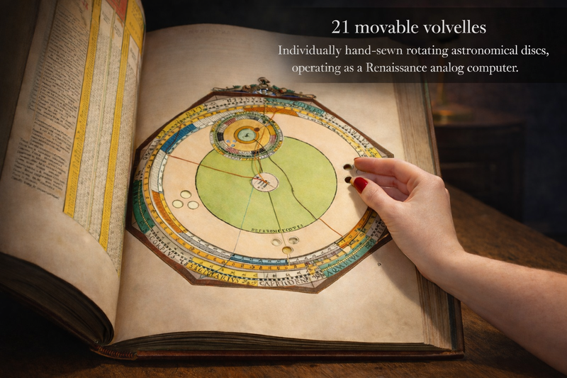 Astronomicum Caesareum XXL facsimile open book with movable astronomical volvelles adjusted by hand.
