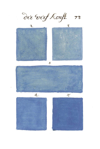 Blue hand-painted color chart with numbered swatches from the historical color sample book 300 Years Before Color