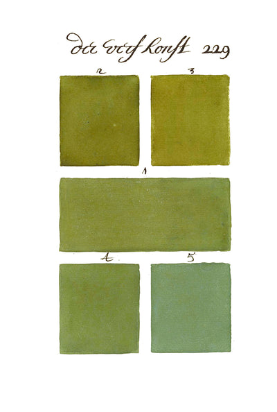 Grid of green hand-painted color swatches from the historical color sample book 300 Years Before Color