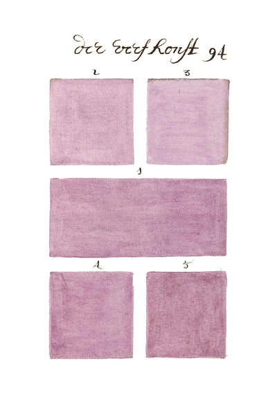 Pink hand-painted color samples with measurements from the historical color book 300 Years Before Color