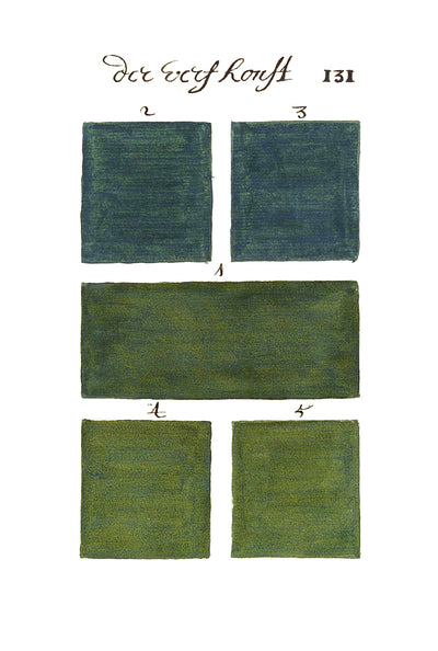 Grid of green hand-painted color swatches from the historical color sample book 300 Years Before Color