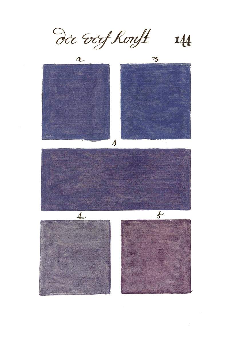 Blue and purple hand-painted color swatches from the historical color sample book 300 Years Before Color
