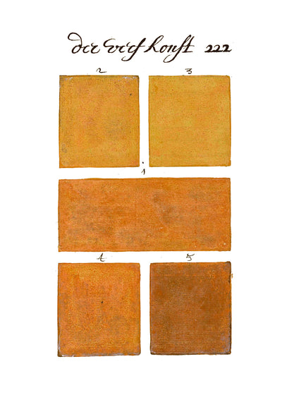 Grid of orange hand-painted color swatches from the historical color sample book 300 Years Before Color