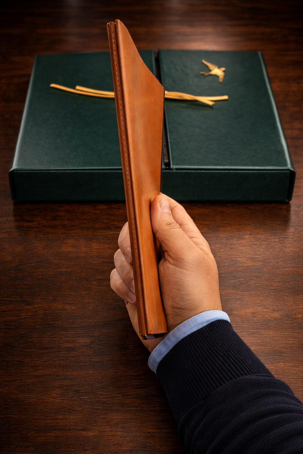 Hand holding the Leonardo da Vinci Codex on the Flight of Birds facsimile manuscript with presentation case in background