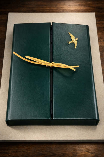 Luxury green leather presentation case for Leonardo da Vinci Codex on the Flight of Birds facsimile edition