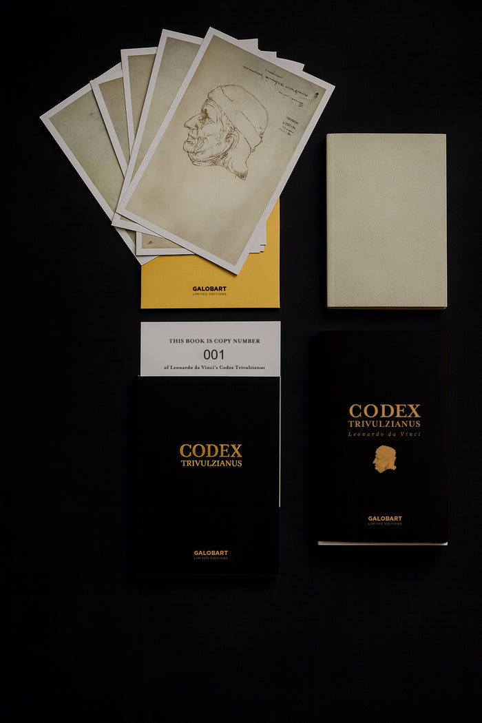 Leonardo da Vinci Codex Trivulzianus facsimile edition books and collector packaging on black background