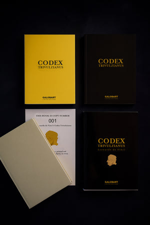 Leonardo da Vinci Codex Trivulzianus facsimile edition books with collector packaging on dark background