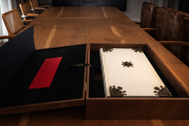 Codex Gigas facsimile open luxury case with manuscript and companion book