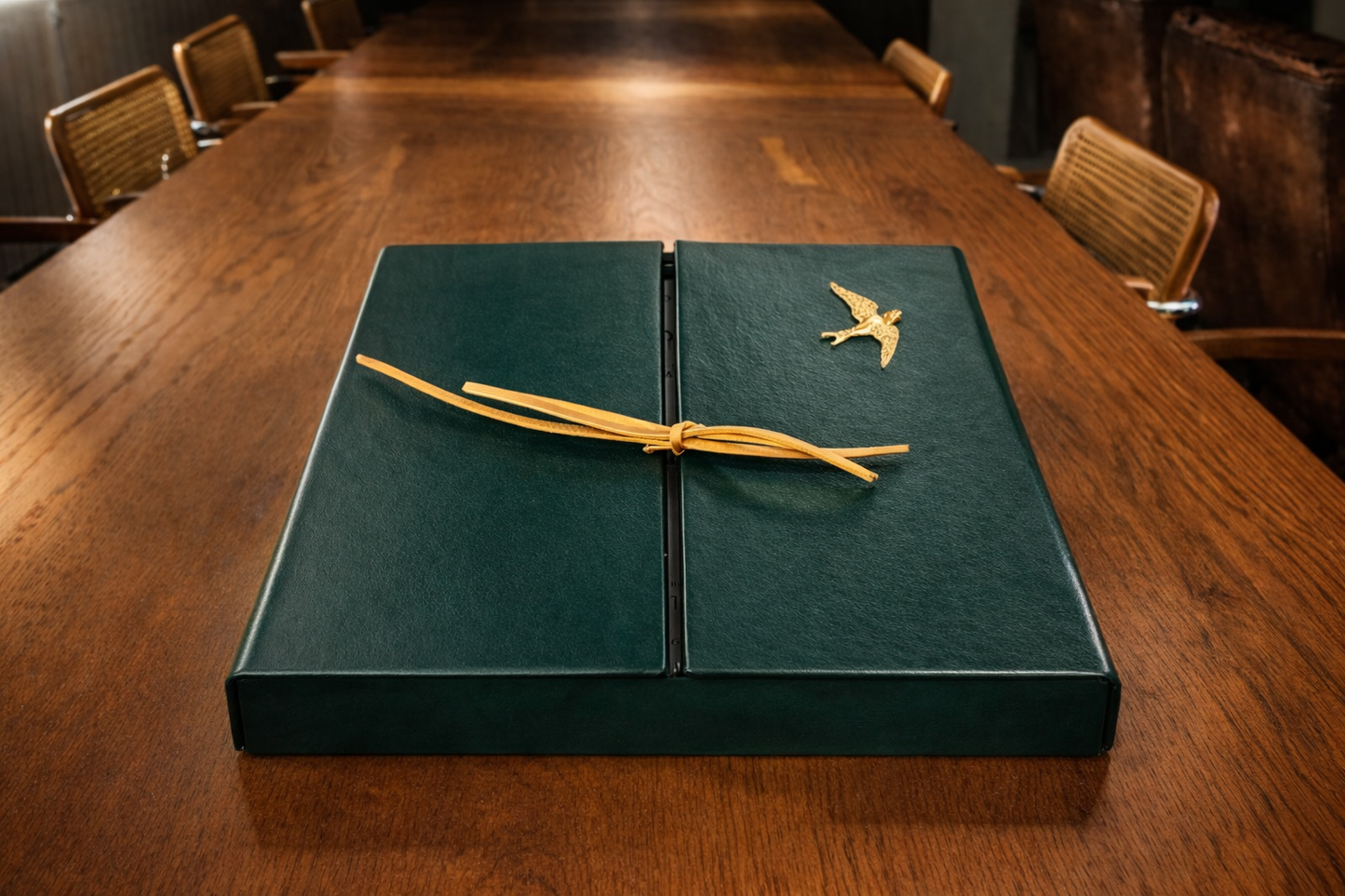 Leonardo da Vinci Codex on the Flight of Birds facsimile edition green leather presentation case on wooden table
