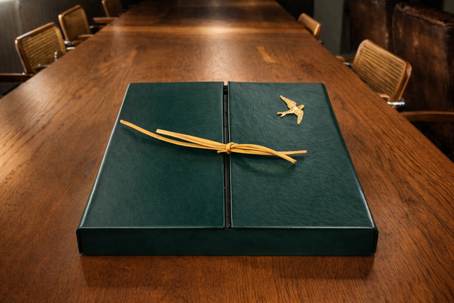 Leonardo da Vinci Codex on the Flight of Birds facsimile edition green leather presentation case on wooden table